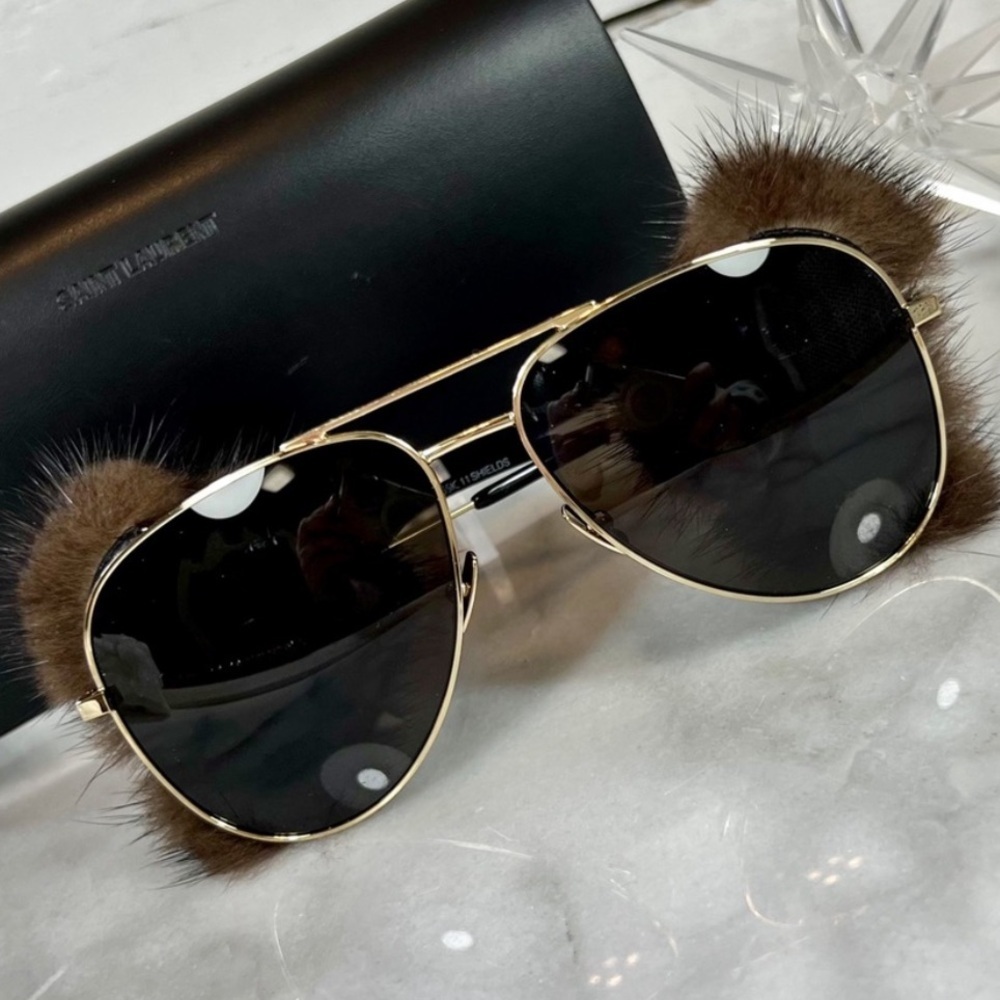 Saint Laurent Mink Fur Classic 11 Aviator Shield Sunglasses​